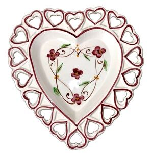 Heart Bowl  Ceramic  Portugal  Reticulated Heart Cutouts Hand Painted White Red